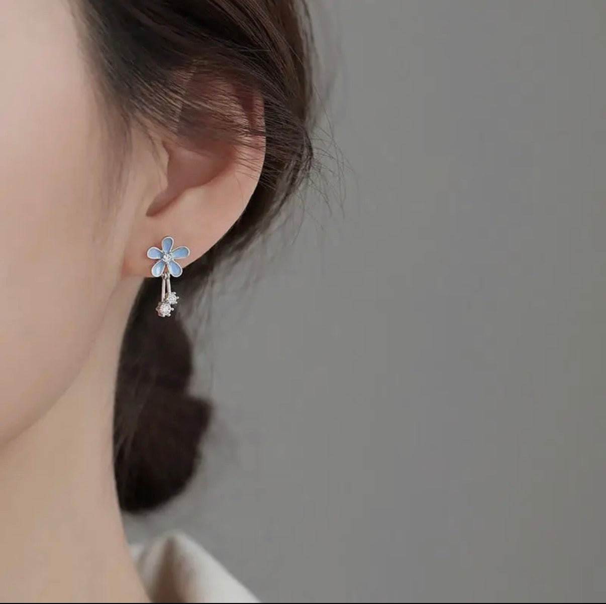 Blue Enamel Flower Stud Drop Earrings 925 Sterling Silver