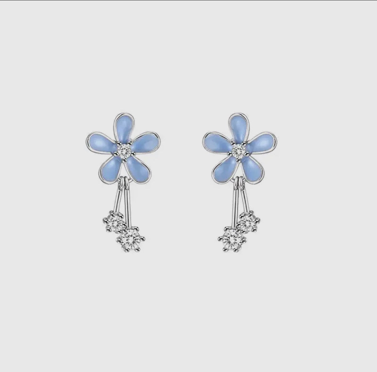 Blue Enamel Flower Stud Drop Earrings 925 Sterling Silver